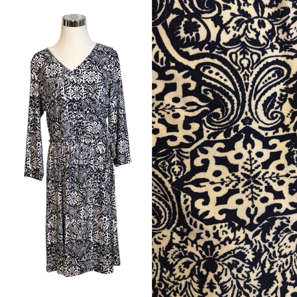 LA Gold Large Soft Jersey Knit Navy White Paisley Print Mock Wrap Dress Tie/Belt